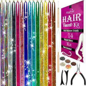 Hair Tinsel Kit 14 Colors, Up to 7200 Heat-Resistant Strands (48 Inch) with Wooden Threader, Crochet Tool, Pliers, Hair Bands, Hair Clips & Beads For Girls, Women & Kids Hair Tinsel Kit 14 Colors, Up to 7200 Heat-Resistant Strands (48 Inch) with Wooden Threader, Crochet Tool, Pliers, Hair Bands, Hair Clips & Beads For Girls, Women & Kids