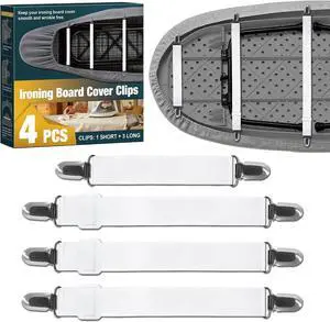 4 Pack Ironing Board Cover Clips, Adjustable Elastic Fasteners with Steel Clips, Keep Ironing Board Pad Flat & Secure, Multi-Purpose Suspenders for Bed Sheets, Tablecloths & Seat Covers (Black) 4 Pack Ironing Board Cover Clips, Adjustable Elastic Fasteners with Steel Clips, Keep Ironing Board Pad Flat & Secure, Multi-Purpose Suspenders for Bed Sheets, Tablecloths & Seat Covers (Black)