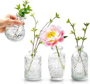 Glass Bud Vases Set of 4,Small Vintage Embossed Mini Vases C Glass Bud Vases Set of 4,Small Vintage Embossed Mini Vases C