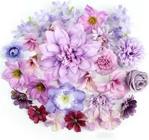 QUOZUO Artificial Flower Heads, Mini Silk Roses Peonies Daisy Purple Floral Fake Flower Heads for DIY Wreath Gift, Cake Decorations, Table Centerpieces, Party Wedding Home Decoration, 26PCS QUOZUO Artificial Flower Heads, Mini Silk Roses Peonies Daisy Purple Floral Fake Flower Heads for DIY Wreath Gift, Cake Decorations, Table Centerpieces, Party Wedding Home Decoration, 26PCS
