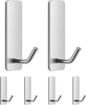 Small Self Adhesive Hooks, Stainless Steel, Silver, 6 Pack No Damage Small Self Adhesive Hooks, Stainless Steel, Silver, 6 Pack No Damage