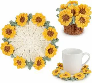 Knitting Crochet Sunflower Potted Plants, Flowers Soft Decorative Coasters Knitting Crochet Sunflower Potted Plants, Flowers Soft Decorative Coasters