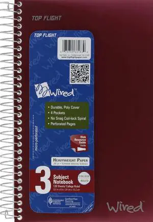 Top Flight Wired 3-Subject Notebook, 120 Sheet Top Flight Wired 3-Subject Notebook, 120 Sheet