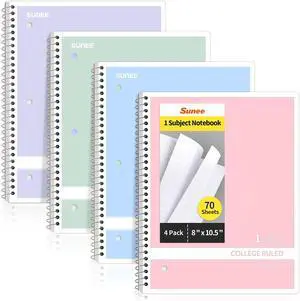 Spiral Notebooks College Ruled, 1-Subject, 4 Pack, 8 x 10-1/2 in, 70 Sheets, 3-Hole Punched 70gsm Paper, Pastel Pink, Purple, Blue, Green for School, Home & Office, Writing Journal Spiral Notebooks College Ruled, 1-Subject, 4 Pack, 8 x 10-1/2 in, 70 Sheets, 3-Hole Punched 70gsm Paper, Pastel Pink, Purple, Blue, Green for School, Home & Office, Writing Journal