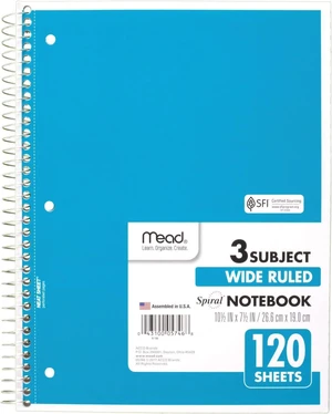 Spiral Notebook, 3 Subject, Wide Ruled Paper, 7-1/2" x 10-1/2", 120 Sheets, Color Will Vary (930206-25) Spiral Notebook, 3 Subject, Wide Ruled Paper, 7-1/2" x 10-1/2", 120 Sheets, Color Will Vary (930206-25)