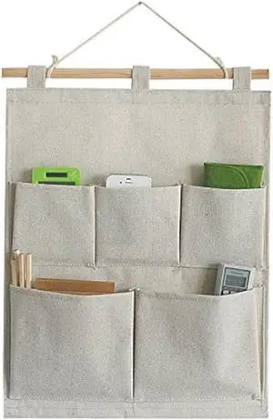 Linen/Cotton Fabric 5 Pockets Wall Door Closet Hanging Storage Bag Organizer,13.8" Wx 17.7" H (5 Pockets-Beige White) Linen/Cotton Fabric 5 Pockets Wall Door Closet Hanging Storage Bag Organizer,13.8" Wx 17.7" H (5 Pockets-Beige White)