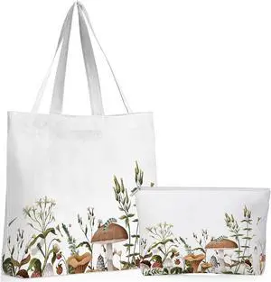 2 Pcs Mushroom Aesthetic Canvas Tote Bags for Women with Makeup Zipper Pouch Cute Floral Reusable Shoulder Tote Bag Back to School Gift for Teacher Beach Shopping Travel Work Gym Grocery 2 Pcs Mushroom Aesthetic Canvas Tote Bags for Women with Makeup Zipper Pouch Cute Floral Reusable Shoulder Tote Bag Back to School Gift for Teacher Beach Shopping Travel Work Gym Grocery