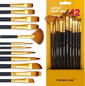 Transon Art Painting Brush Assorted Set of 12 for Acrylic Watercolor Gouache Hobby Painting Transon Art Painting Brush Assorted Set of 12 for Acrylic Watercolor Gouache Hobby Painting