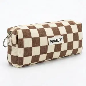 Soft Corduroy Pencil Case Pen Pouch Organizer, Small Stationery Bag | Cute brown checkerboard pouch, smooth zipper, daily cosmetics holder, compact organizer for school teen girls, women Soft Corduroy Pencil Case Pen Pouch Organizer, Small Stationery Bag | Cute brown checkerboard pouch, smooth zipper, daily cosmetics holder, compact organizer for school teen girls, women