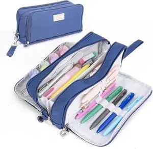 Dark Blue Pencil Case, 3 Compartment Pencil Pouch with Handle | Large Capacity Pencil Bag, Aesthetic Storage Bag for School, College, Travel and Makeup Essentials Dark Blue Pencil Case, 3 Compartment Pencil Pouch with Handle | Large Capacity Pencil Bag, Aesthetic Storage Bag for School, College, Travel and Makeup Essentials