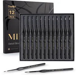 JUSART Miniature Paint Brushes 12 PCS, Fine Tip Model Paint Brushes, Black | Fine Paint Brushes for Detail, Fine Detailing for Model Painting - Acrylic, Watercolor, Oil, Rock Painting & Paint by Numbe JUSART Miniature Paint Brushes 12 PCS, Fine Tip Model Paint Brushes, Black | Fine Paint Brushes for Detail, Fine Detailing for Model Painting - Acrylic, Watercolor, Oil, Rock Painting & Paint by Numbe