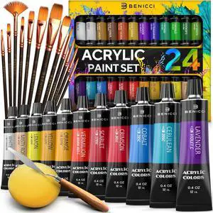 Complete Acrylic Paint Set 24 Rich Pigment Colors 12x Art Brushes with Bonus Paint Art Knife & Sponge for Painting Canvas, Clay, Ceramic & Crafts, Non-Toxic & Quick Dry for Kids & Adults Complete Acrylic Paint Set 24 Rich Pigment Colors 12x Art Brushes with Bonus Paint Art Knife & Sponge for Painting Canvas, Clay, Ceramic & Crafts, Non-Toxic & Quick Dry for Kids & Adults