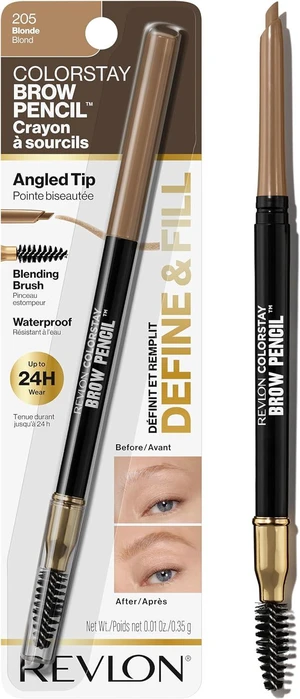 Revlon ColorStay Brow Pencil, 205 Blonde, 0.021 oz | Waterproof eyebrow pencil with a built-in spoolie brush. No smudging, no fading, with up to 24 hours of wear. Revlon ColorStay Brow Pencil, 205 Blonde, 0.021 oz | Waterproof eyebrow pencil with a built-in spoolie brush. No smudging, no fading, with up to 24 hours of wear.