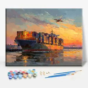 Cargo Ship Sunset Scenery Framed Canvas DIY Paint by Numbers Kit Bar Cafe Cave Home Room Wall Bathroom Porch Patio Decor Gift, 16 x 12 Inch Cargo Ship Sunset Scenery Framed Canvas DIY Paint by Numbers Kit Bar Cafe Cave Home Room Wall Bathroom Porch Patio Decor Gift, 16 x 12 Inch