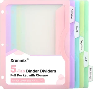 5-Tab Dividers with One Full Pocket, 5 Counts Binder Dividers, 8.5 x 11'' Dividers for 3 Ring Binder 1''/2'' Recipe Binder Dividers with 5 Tabs for Back to School, Pastel Color (1) 5-Tab Dividers with One Full Pocket, 5 Counts Binder Dividers, 8.5 x 11'' Dividers for 3 Ring Binder 1''/2'' Recipe Binder Dividers with 5 Tabs for Back to School, Pastel Color (1)