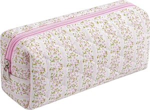 Cute Floral Cotton Makeup Brush Cosmetic Bag for Women, Travel Quilted Zipper Make Up Bag, Flowers Toiletry Organizer Case Kawaii Makeup Cosmetic Travel Cloth Pouch (Pink Floral) Cute Floral Cotton Makeup Brush Cosmetic Bag for Women, Travel Quilted Zipper Make Up Bag, Flowers Toiletry Organizer Case Kawaii Makeup Cosmetic Travel Cloth Pouch (Pink Floral)
