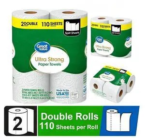 Ultra Strong 2-Ply White Paper Towels, 2 Double Rolls, Equivalent to 4 Regular Rolls, Split Size Sheets for Multi-Surface Cleaning Ultra Strong 2-Ply White Paper Towels, 2 Double Rolls, Equivalent to 4 Regular Rolls, Split Size Sheets for Multi-Surface Cleaning