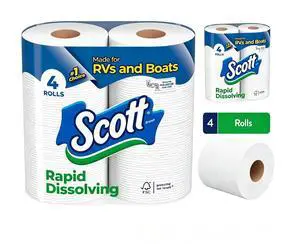 4 Double Rolls Quick Dissolve Bath Tissue, Clog-Free Technology, Ideal for RVs, Marine Vessels and Camping 4 Double Rolls Quick Dissolve Bath Tissue, Clog-Free Technology, Ideal for RVs, Marine Vessels and Camping