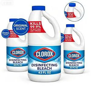 43 fl oz Regular Disinfectant Bleach, Kills Germs, Mold & Mildew, Laundry Whitener for Household Cleaning 43 fl oz Regular Disinfectant Bleach, Kills Germs, Mold & Mildew, Laundry Whitener for Household Cleaning