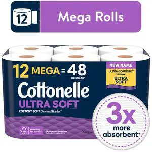 Cottonelle Ultra Soft 2Ply Toilet Paper 12 Mega Rolls, Perfume & DyeFree, SepticSafe Bath Tissue Cottonelle Ultra Soft 2Ply Toilet Paper 12 Mega Rolls, Perfume & DyeFree, SepticSafe Bath Tissue