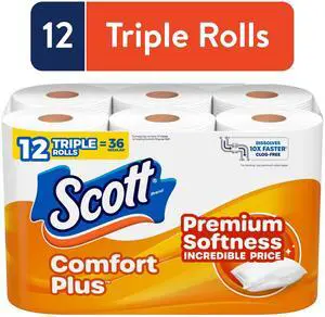 12 TripleRoll Soft Household Toilet Paper, Dissolvable Bath Tissue for Standard & Septic Plumbing Systems 12 TripleRoll Soft Household Toilet Paper, Dissolvable Bath Tissue for Standard & Septic Plumbing Systems