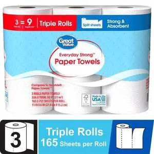 Great Value Everyday Strong Paper Towels, 3 Triple Rolls, PickaSize Perforated Sheets, Embossed White Household Kitchen Towels Great Value Everyday Strong Paper Towels, 3 Triple Rolls, PickaSize Perforated Sheets, Embossed White Household Kitchen Towels