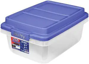 Hefty 18Qt Clear Plastic HIRISE Storage Bin, Blue Latching Lid, Crossbar Lid & DoubleRim Base for Stable Stacking Home Organization Hefty 18Qt Clear Plastic HIRISE Storage Bin, Blue Latching Lid, Crossbar Lid & DoubleRim Base for Stable Stacking Home Organization