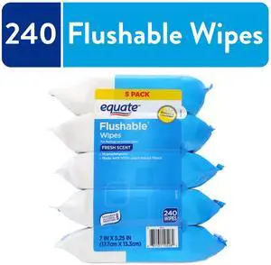 Equate 5Pack Flushable Wet Wipes, Fresh Scent, PlantBased Fibers, ParabenAlcoholFree, Total 240 Wipes Equate 5Pack Flushable Wet Wipes, Fresh Scent, PlantBased Fibers, ParabenAlcoholFree, Total 240 Wipes