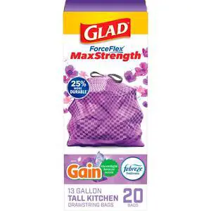 Glad 13Gallon Tall Kitchen Drawstring Garbage Bags, Purple, RipGuard & Leak Protection, Moonlight Breeze Scent, 20 Pac Glad 13Gallon Tall Kitchen Drawstring Garbage Bags, Purple, RipGuard & Leak Protection, Moonlight Breeze Scent, 20 Pac