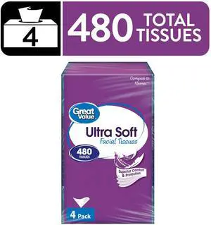 Great Value 4Pack FlatBox Facial Tissues, UltraSoft 3Ply Unscented White Tissues, 120Count Each for Home and Office Use Great Value 4Pack FlatBox Facial Tissues, UltraSoft 3Ply Unscented White Tissues, 120Count Each for Home and Office Use
