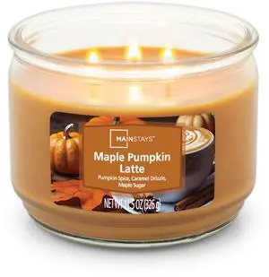Mainstays 11.5oz Glass Jar Candle, Maple Pumpkin Latte Fragrance, Three Cotton Wicks for Even Burning, Decorative Indoor Candle Mainstays 11.5oz Glass Jar Candle, Maple Pumpkin Latte Fragrance, Three Cotton Wicks for Even Burning, Decorative Indoor Candle