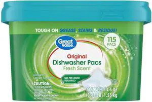 Great Value Original Dishwasher Pacs, Fresh Scent, 115 Count, Enzyme & Oxygen Bleach Formula, No PreRinse Required, SepticSafe Dishwashing Pods Great Value Original Dishwasher Pacs, Fresh Scent, 115 Count, Enzyme & Oxygen Bleach Formula, No PreRinse Required, SepticSafe Dishwashing Pods