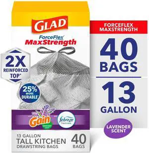 Glad ForceFlex MaxStrength 13Gallon Tall Kitchen Drawstring Trash Bags, Gain Lavender Scent, 40 Count, OdorShield Odor Neutralization, Leak & Rip Resistance Glad ForceFlex MaxStrength 13Gallon Tall Kitchen Drawstring Trash Bags, Gain Lavender Scent, 40 Count, OdorShield Odor Neutralization, Leak & Rip Resistance