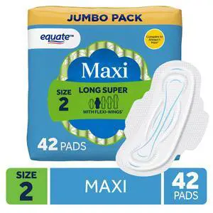 Equate 42Count Size 2 Long Maxi Sanitary Pads, FlexiWings Design, Super Absorbent, Individually Wrapped for OntheGo Use Equate 42Count Size 2 Long Maxi Sanitary Pads, FlexiWings Design, Super Absorbent, Individually Wrapped for OntheGo Use