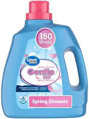 Great Value Gentle Soft Liquid Fabric Softener, Spring Showers Scent, 111 fl oz, 150 Loads, HEWasher Compatible AntiStatic Softening Laundry Conditioner Great Value Gentle Soft Liquid Fabric Softener, Spring Showers Scent, 111 fl oz, 150 Loads, HEWasher Compatible AntiStatic Softening Laundry Conditioner