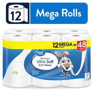 Great Value Ultra Soft 2Ply Toilet Paper, 12 Mega Rolls, SepticSafe Household Bath Tissue, 244 Sheets Per Roll Great Value Ultra Soft 2Ply Toilet Paper, 12 Mega Rolls, SepticSafe Household Bath Tissue, 244 Sheets Per Roll