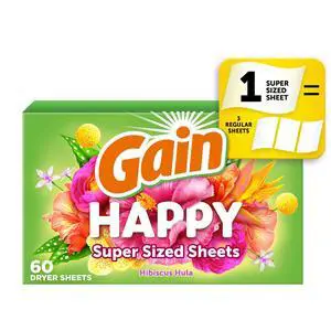 Gain Hibiscus Hula Happy Dryer Sheets, 60 MegaCount, Tropical Scent StaticReducing SuperSized Laundry Dryer Sheets Gain Hibiscus Hula Happy Dryer Sheets, 60 MegaCount, Tropical Scent StaticReducing SuperSized Laundry Dryer Sheets