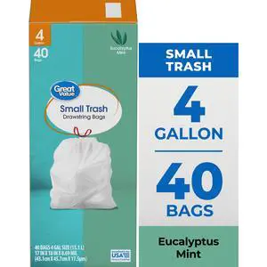 Great Value 4Gallon Drawstring Trash Bags, Eucalyptus Mint Scent, 40Count, White Small Garbage Bags for Household Wastebaskets Great Value 4Gallon Drawstring Trash Bags, Eucalyptus Mint Scent, 40Count, White Small Garbage Bags for Household Wastebaskets
