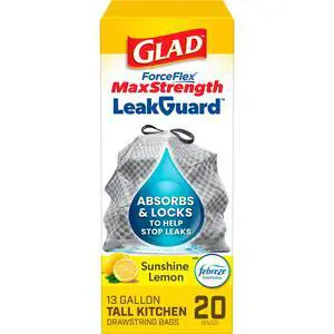 Glad ForceFlex MaxStrength 13Gallon Tall Kitchen Trash Bags, Sunshine Lemon Scent, LeakGuard Drawstring Garbage Bags, 20 Count Glad ForceFlex MaxStrength 13Gallon Tall Kitchen Trash Bags, Sunshine Lemon Scent, LeakGuard Drawstring Garbage Bags, 20 Count
