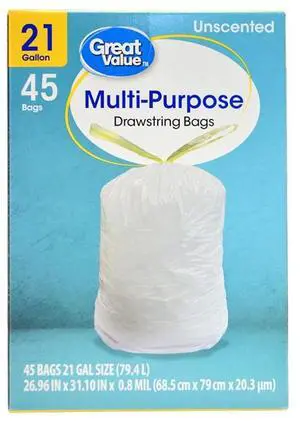 Great Value 21Gallon Drawstring Trash Bags, Unscented White LLDPE Garbage Bags, 45Count, LeakResistant Household Waste Bags Great Value 21Gallon Drawstring Trash Bags, Unscented White LLDPE Garbage Bags, 45Count, LeakResistant Household Waste Bags