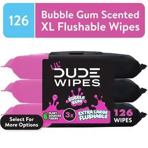 LiL' DUDE 3Pack Bubble Gum Flushable Wipes, Extra Large Size, 99% Water Formula, SepticSafe Hypoallergenic Wipes for Kids LiL' DUDE 3Pack Bubble Gum Flushable Wipes, Extra Large Size, 99% Water Formula, SepticSafe Hypoallergenic Wipes for Kids