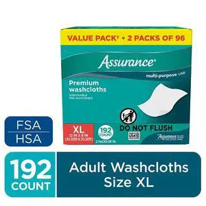 Assurance Disposable and Pre-Moistened Premium Extra Large Washcloths for Adults, 192 Count Assurance Disposable and Pre-Moistened Premium Extra Large Washcloths for Adults, 192 Count