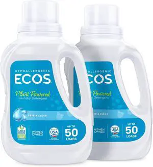 ECOS Free & Clear Liquid Laundry Detergent, 50 fl oz, Pack of 2, Total 100 Loads, Hypoallergenic Vegan PlantBased Formula ECOS Free & Clear Liquid Laundry Detergent, 50 fl oz, Pack of 2, Total 100 Loads, Hypoallergenic Vegan PlantBased Formula