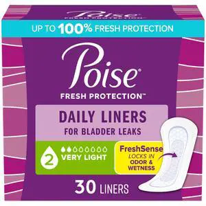 Poise Daily Liners Incontinence Panty Liners for Bladder Leaks, 2 Drop Very Light Absorbency, Regular Length, 30 Count Poise Daily Liners Incontinence Panty Liners for Bladder Leaks, 2 Drop Very Light Absorbency, Regular Length, 30 Count