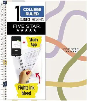 Five Star 820233F Spiral Notebook with Study App, 1 Subject, College Ruled, 8-1/2" x 11", 80 Sheets, Water Resistant Covers, Fights Ink Bleed, Organic Lines Five Star 820233F Spiral Notebook with Study App, 1 Subject, College Ruled, 8-1/2" x 11", 80 Sheets, Water Resistant Covers, Fights Ink Bleed, Organic Lines