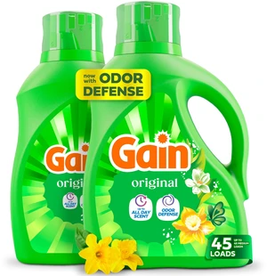 Gain Liquid Laundry Detergent with Odor Defense, Original Scent, 60 fl oz, 45 Loads, Pack of 2, for HE Washing Machines (Packaging May Vary) Gain Liquid Laundry Detergent with Odor Defense, Original Scent, 60 fl oz, 45 Loads, Pack of 2, for HE Washing Machines (Packaging May Vary)