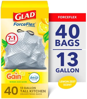 Glad ForceFlex 13-Gallon Drawstring Tall Kitchen Trash Bags Gain Lemon Zest Scent 40 Bags Glad ForceFlex 13-Gallon Drawstring Tall Kitchen Trash Bags Gain Lemon Zest Scent 40 Bags