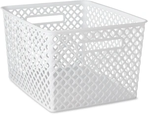 Mainstays Large White Decorative Plastic Storage Basket, 14.7in x 12in x 8.5in Mainstays Large White Decorative Plastic Storage Basket, 14.7in x 12in x 8.5in