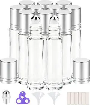 PrettyCare Set of 12, 10 ml Essential Oil Roller Bottles with Stainless Steel Roller Ball - Refillable Leak-proof Empty Thick Clear Glass Roll on Bottles with Silver Metal Caps for Travel, Perfume PrettyCare Set of 12, 10 ml Essential Oil Roller Bottles with Stainless Steel Roller Ball - Refillable Leak-proof Empty Thick Clear Glass Roll on Bottles with Silver Metal Caps for Travel, Perfume