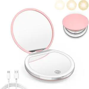 Pink Compact Mirror with Light, 1X/3X Magnification LED Pocket Mirror | USB Data Cable, Mini, Purse, Pocket, Travel, Gift, makeup, mini, women, essentials, LED, fiberglass Pink Compact Mirror with Light, 1X/3X Magnification LED Pocket Mirror | USB Data Cable, Mini, Purse, Pocket, Travel, Gift, makeup, mini, women, essentials, LED, fiberglass